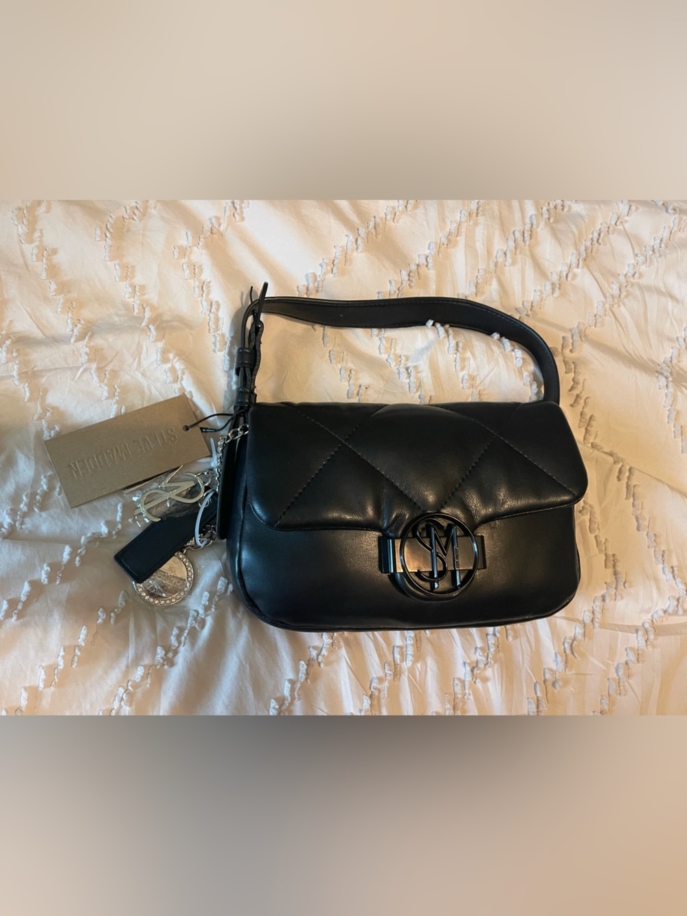 Steve Madden Black Quilted Shoulder Bag with Logo Hardware